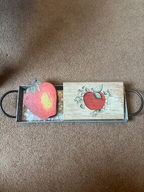 Farmhouse Metal Serving Tray with Fruit Wooden Accents - Red